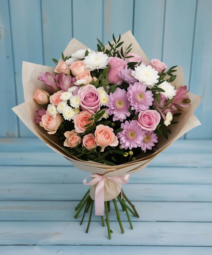 Букет цветов из: Хризантемы, Розы и Альстромерии в Водный