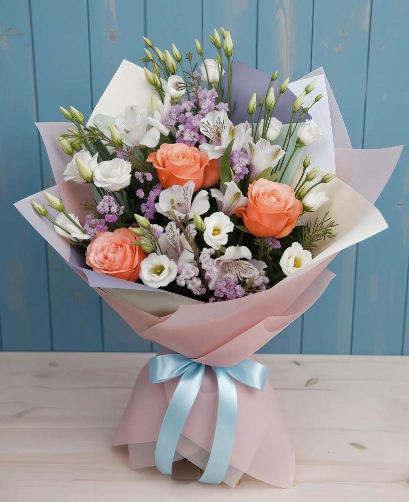 Букет цветов из: Лизиантусы, Розы, Альстромерии и Гипсофила в Водный