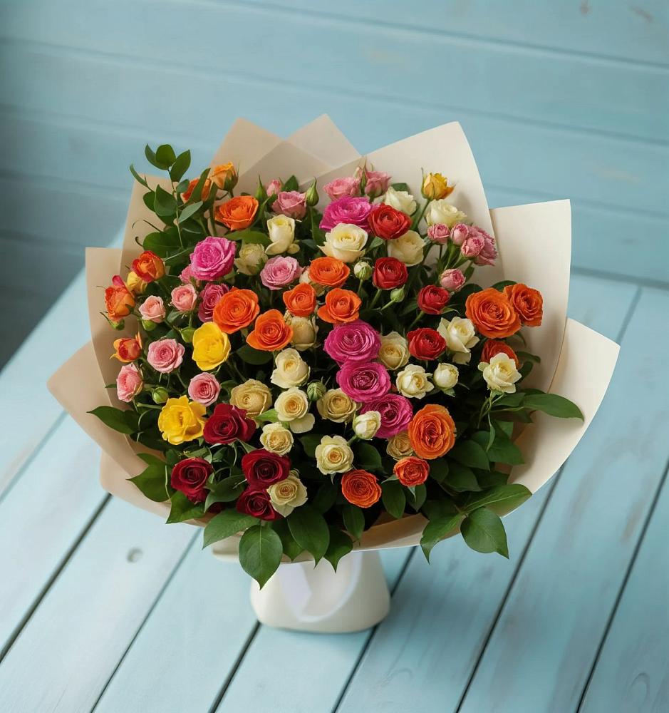 Букет Микс из разноцветных кустовых роз в Водный