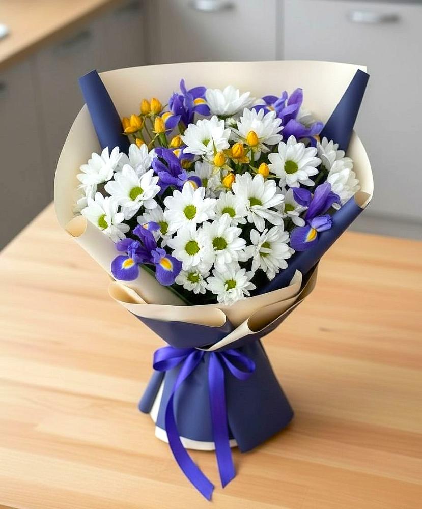 Букет цветов из: Розы, Ирисы и Хризантемы в Водный
