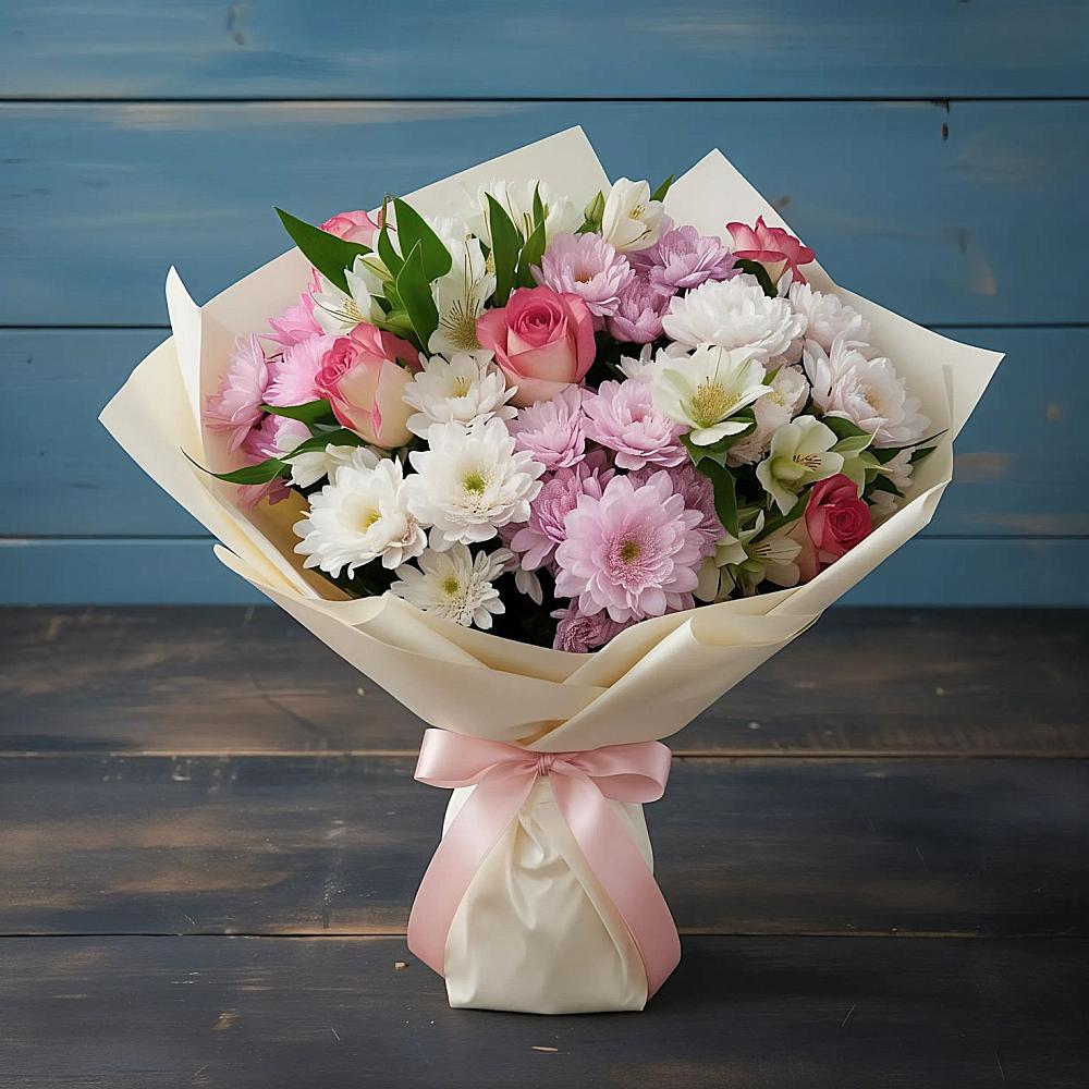 Букет цветов из: Хризантемы, Альстромерии и Розы в Водный